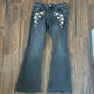 Black Flare Jeans with Floral Embroidery